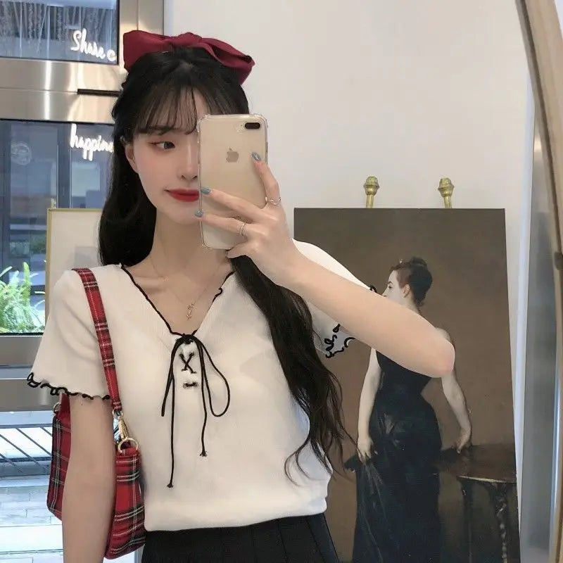Summer Lace up Knitted T-Shirt