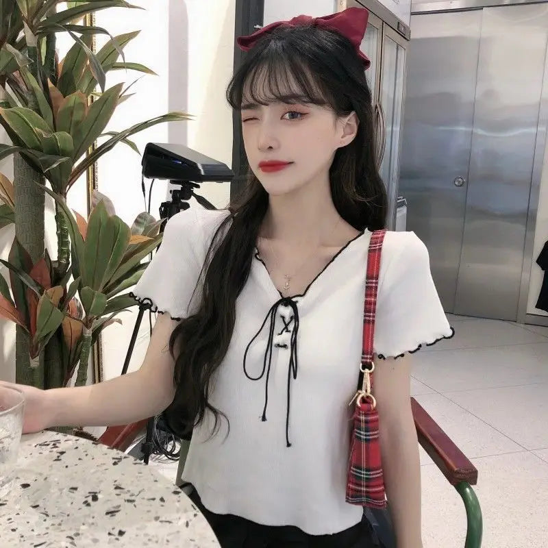 Summer Lace up Knitted T-Shirt