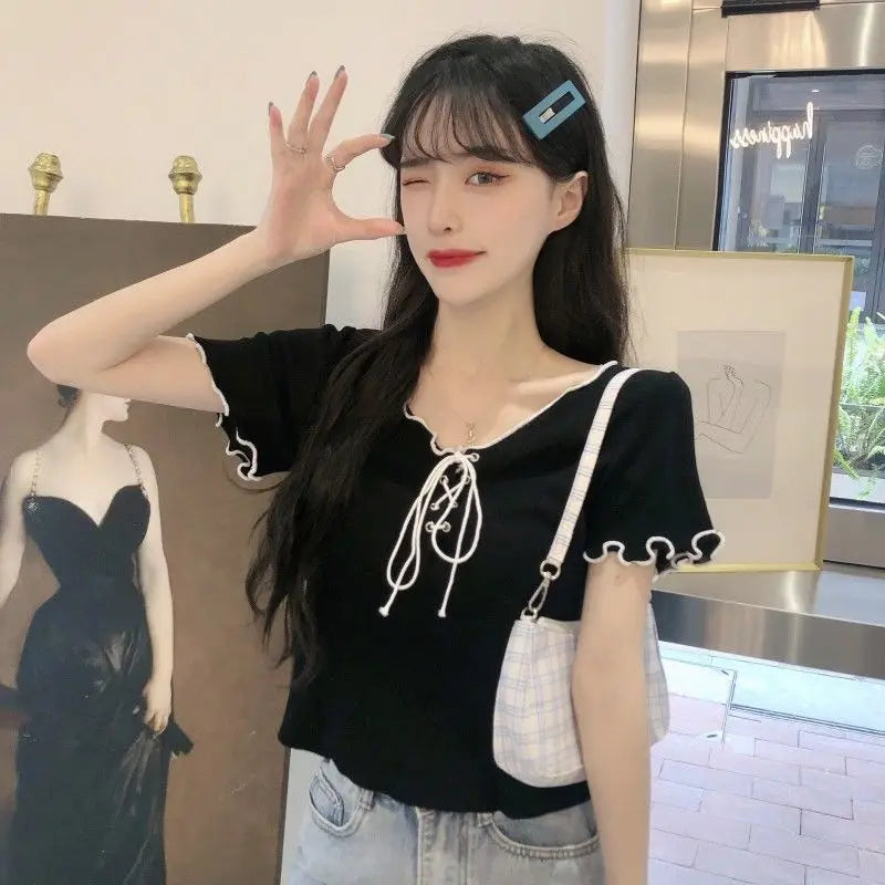 Summer Lace up Knitted T-Shirt