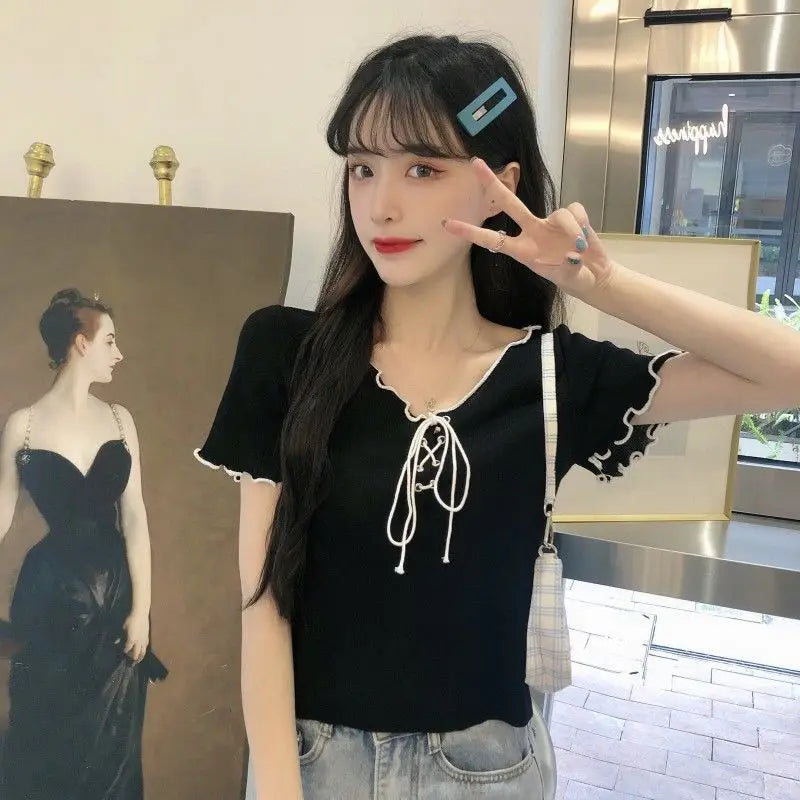 Summer Lace up Knitted T-Shirt
