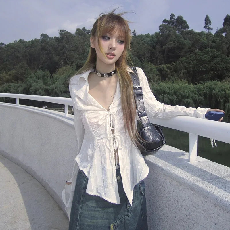Pleated Lace Up Blouse