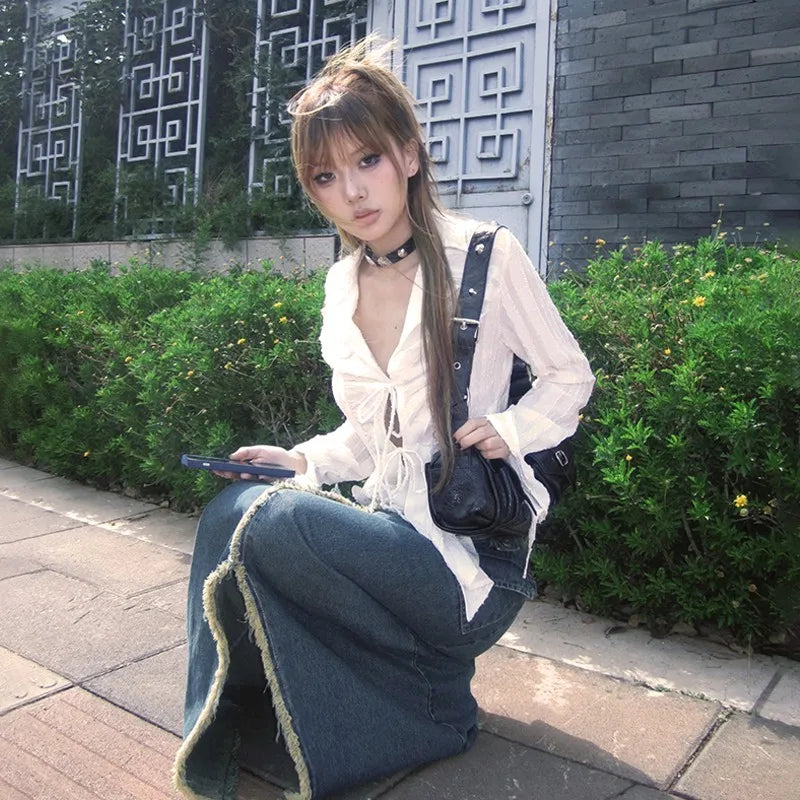 Pleated Lace Up Blouse