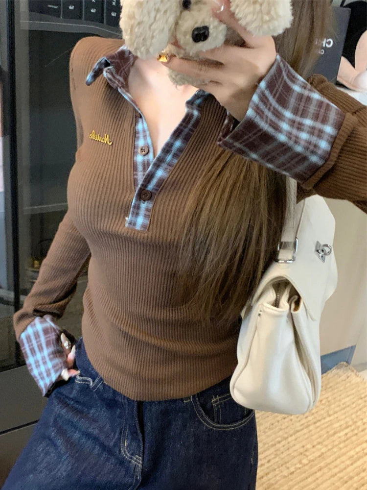 Knitted Plaid Collar Pullover
