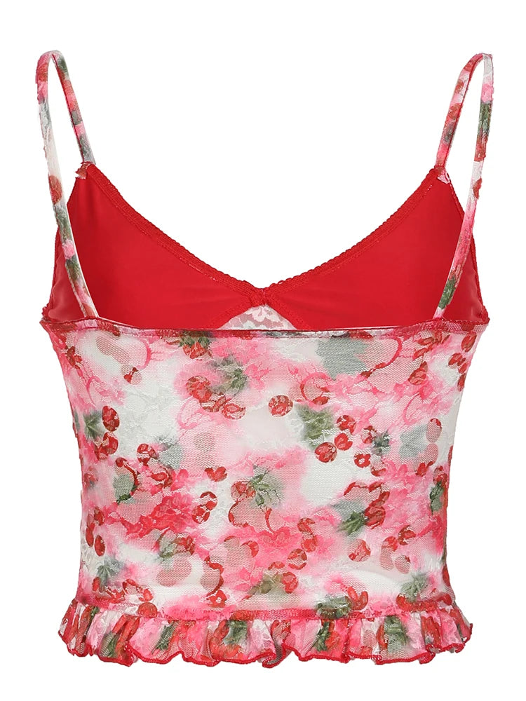 Sweetown Cherry Print Lace Top