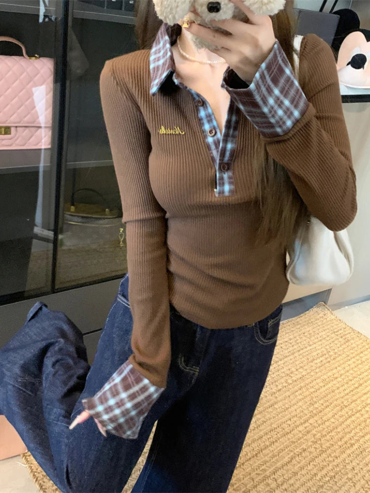 Knitted Plaid Collar Pullover