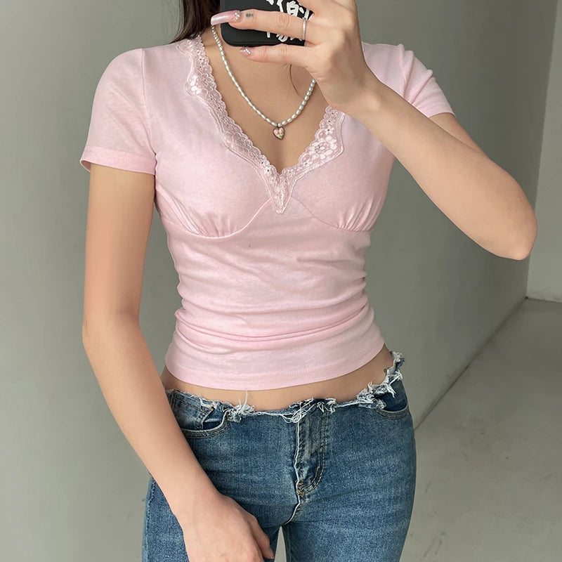 Lace Trim Pink Top