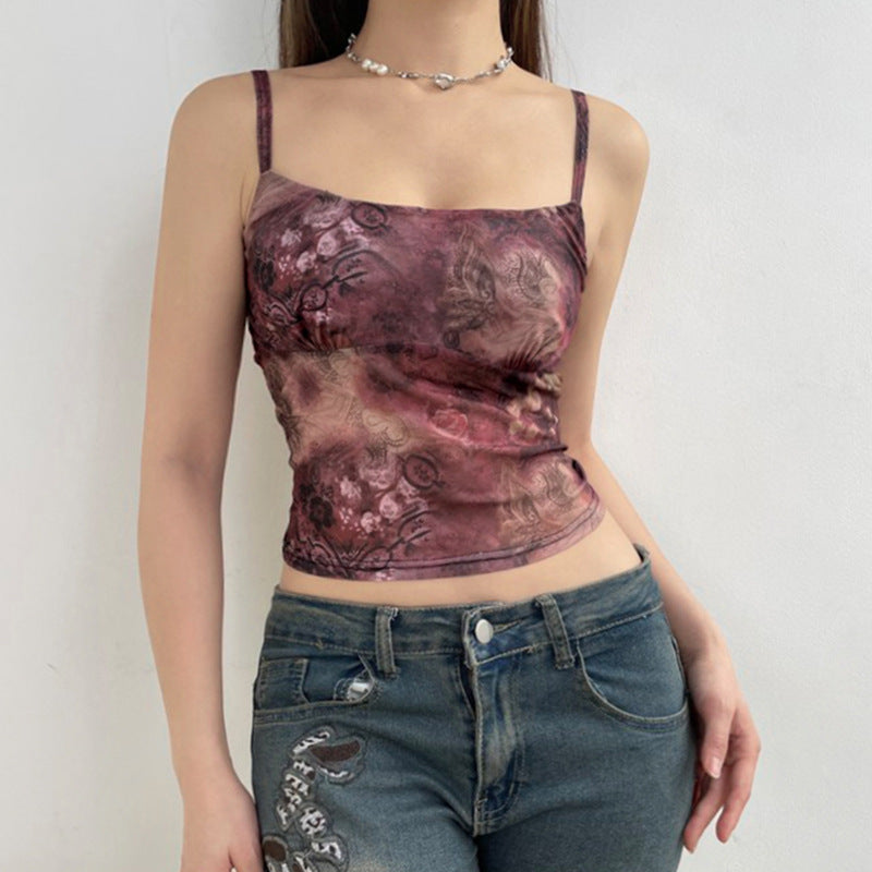 Red Vintage Floral Print Y2K Top