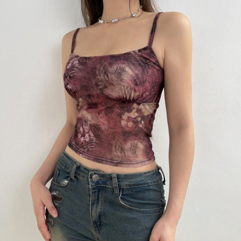 Red Vintage Floral Print Y2K Top