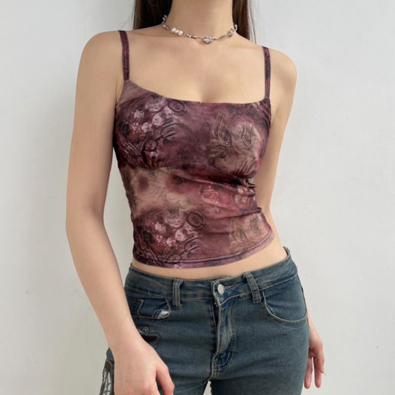 Red Vintage Floral Print Y2K Top