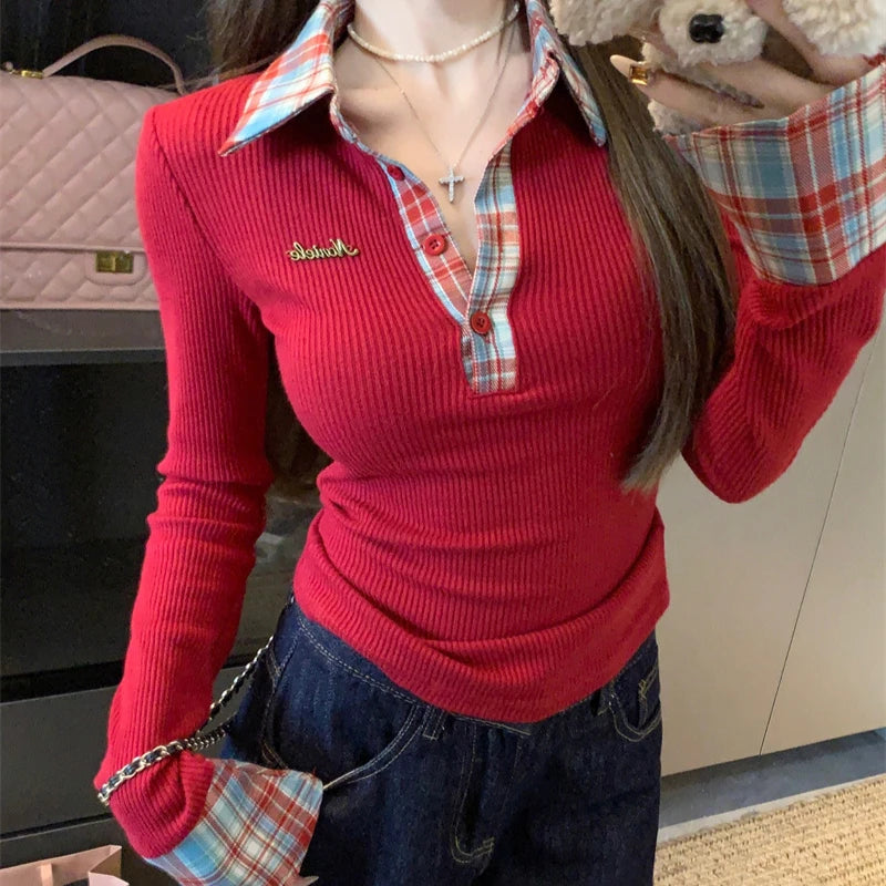 Knitted Plaid Collar Pullover