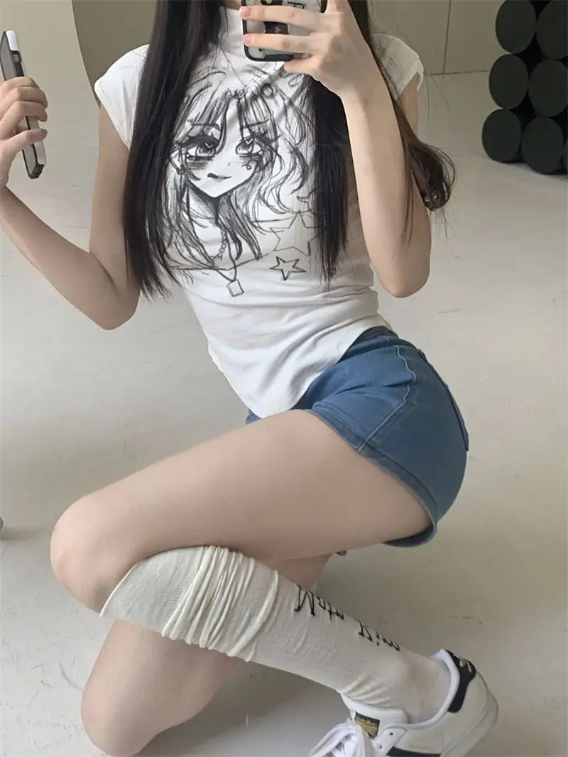 Anime Print Turtleneck Tank Top