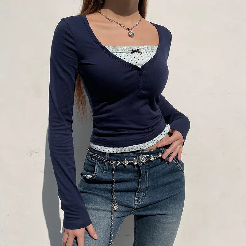 Long Sleeve Patchwork Crop Top