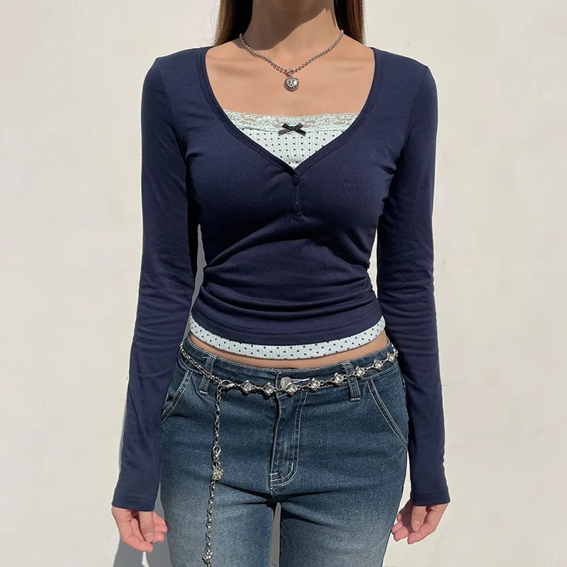 Long Sleeve Patchwork Crop Top